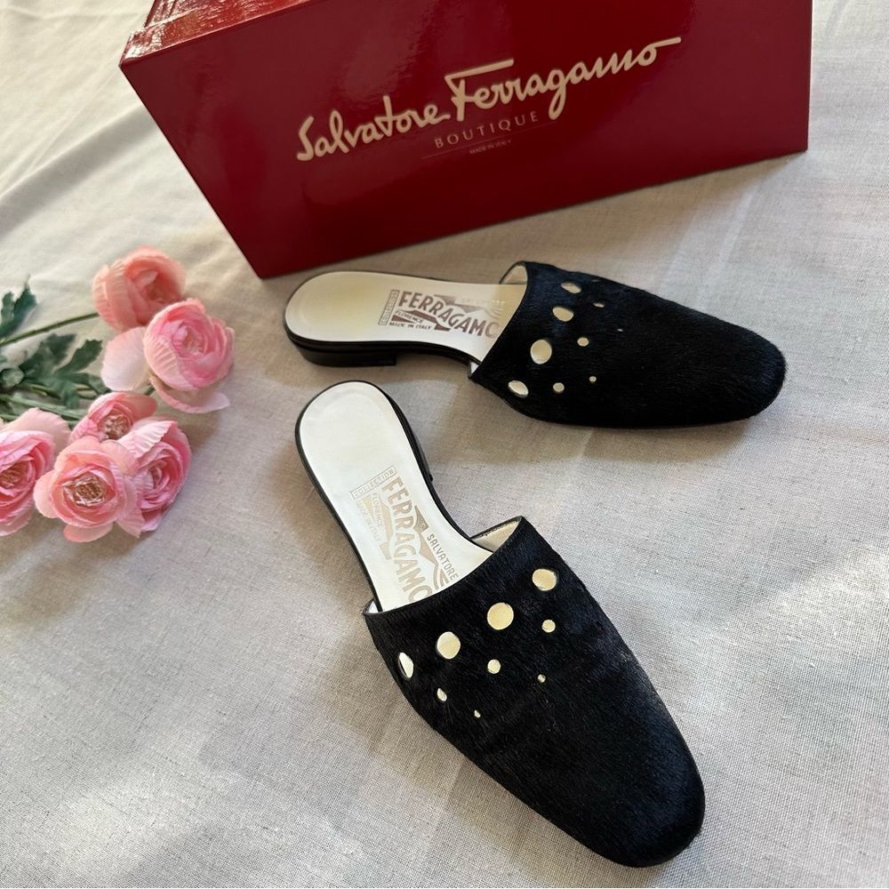 Salvatore Ferragamo Black Hair Eyelet Mules 6.5 AA Quiet Luxury Glam Goth Chic